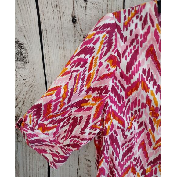 Emily Daniels Pink-Multi Ikat Linen-Blend V-Neck 1/2-Sleeve Button-Up Top Small - Picture 3 of 9